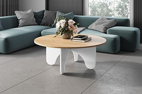 designimpex Design Couchtisch HRL-111 Hochglanz Wohnzimmertisch Highgloss Rund Tisch ?100 cm x 40 cm, Farbe:Eiche Natur - Weiß Hochglanz