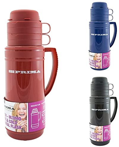 1.8L Thermal Vacuum Travel Flask with 2 Cups Hot Cold Tea Coffee Drink Bottle Glass Liner Insulated Assorted Colours