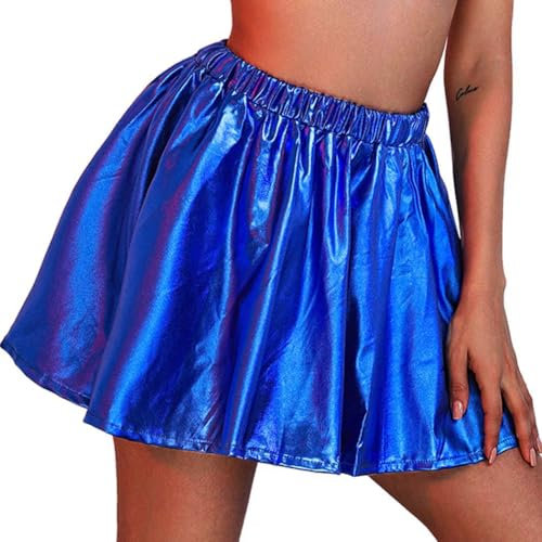 Flovel Damen Glänzender Metallischer Faltenrock Stretch Skater Rocke Wetlook Rock Shiny Rave Party Festival Kostüm für Frauen und Mädchen (Dunkelblau)