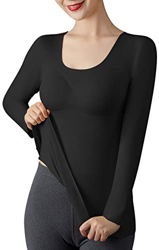 Momolaa Shapewear Underwear with Built in Bra Long Sleeves Tummy Control Compression Top for Women Body Shaper Padded Black