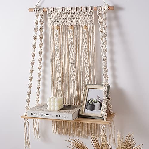 KDXYSL Böhmische Makramee Wandbehang Regal Boho Wandbehang Tapisserie Handgewebte mit Holzregal für Haupthochzeitsfest Pflanzer Schwimmende Regal Home Storage Organizer