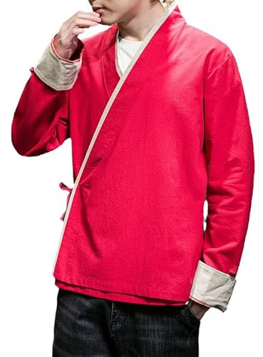 Kimono traditionnel pour homme - Kimono chinois traditionnel - Costume de samouraï Harajuku - Veste de rue, Rouge, Taille M