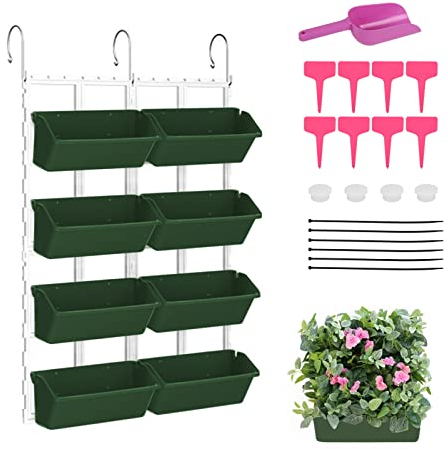 KMDZDZGS 8 pieces Hanging Plant Pots, Vertical Garden Planter, Wall Pocket, Hanging Flower Basket, Fence Balcony Railing Shelf Planters with Detachable Hook for Garden Ornat Home Decor (Dark Green)
