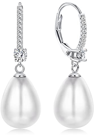 JeweBella 925 Sterling Silber Perlenohrringe Creolen Ohrringe Silber 925 Hängend für Damen Mädchen Perlen Ohrringe Hängend Creolen Ohrringe mit Perlen Anhänger Perlen Tropfen Ohrringe Schmuck