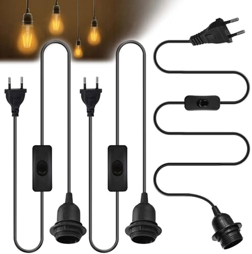 3 Stück E27 Lampenfassung: E27 Fassung mit Schalter mit Stecker, Lampenfassung Schwarz mit 1,8 m Kabel Schraubring, Fassung für Büro Küche Wohnzimmer Kinderzimmer Schreibtischlampe Stehlampe