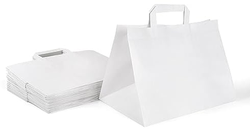 Inoverse 250 Stück Papiertragetaschen, Geschenktüten, 32+17x27 cm Papiertüten mit Henkel, Weiß Kraftpapier Tüten, Papier Tragetasche, Papiertaschen, Papiertüten Klein
