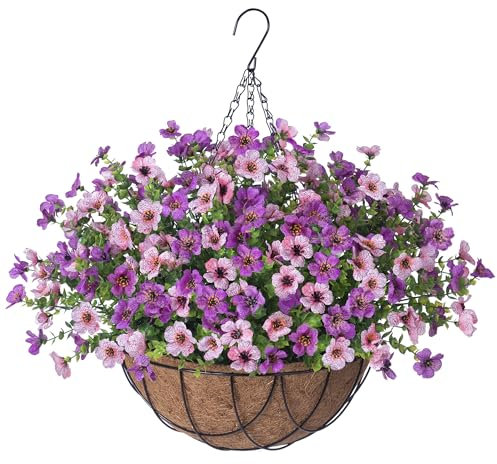 INXUGAO Panier à suspendre en soie artificielle pour extérieur et intérieur, marguerite avec feuilles d'eucalyptus pour décoration de jardin, cour, printemps, plante verte artificielle dans un pot en