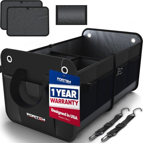 FORTEM Kofferraum Organizer, Kofferraumtasche, Zusammenklappbarer Auto Organizer Kofferraum mit Fächern, Rutschfester Boden, Verstellbare Sicherungsriemen, Klappbarer Deckel (Standard, Schwarz)