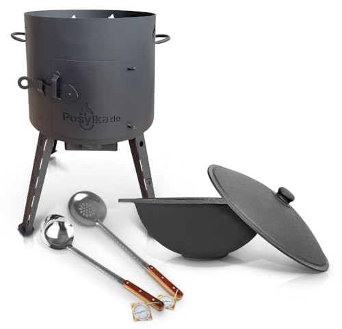 Utschak Feuerofen mit Gusseisen Topf flacher Boden mit Deckel 12 L Ø 40 cm Kazan Schaumlöffel für Plov 48 cm Schöpfkelle für Plov 48 cm Учаг Uchag казан Kasan Oven (Set 3)