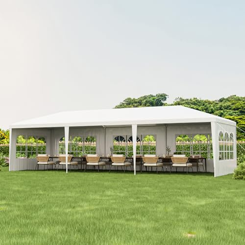 Tangkula Robustes Partyzelt, großes weißes Veranstaltungszelt mit 6 Seitenwänden und 2 Reißverschlusstüren, Outdoor-Hochzeitszelt mit Heringen und Seilen für Terrasse, Hinterhof, Partys
