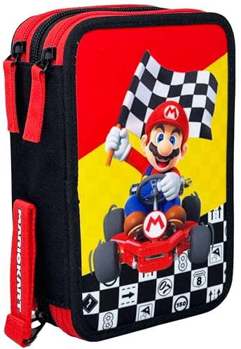 Clondo Dreifach Fefülltes Federmäppchen für Kinder, für Mario Kart Fans, Mädchen, Jungen, 45 Schulutensilien, 3 Reißverschlüsse, organisierte Fächer, Buntstifte, Filzstifte, Kleber, Schere