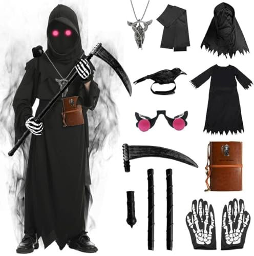 Winric 9pcs Grim Reaper Kostüm für Erwachsene Sensenmann Kostüm mit Kapuzenumhang Leuchtende Gläser Todessense Handschuhe Sensenmann Cosplay für Fasching Dekoration Karneva (Erwachsene, 170CM)