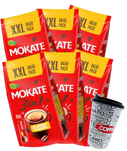 MOKATE 3 in 1 XXL Instantkaffee Classic / 6er Pack (6 x 24 Sticks a 17g) Instant Kaffee Getränkepulver aus löslichem Bohnenkaffee inkl. gratis Kaffeebecher