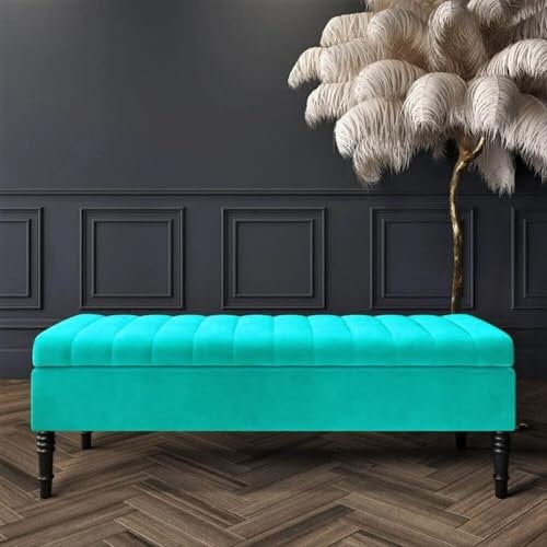 R&M Furnishers Safar Ottoman Storage Bench, Plush Shoe Bench with Storage, Velvet Footstool, Lined Upholstered Coffee Table, End of Bed Bench, Hallway Seating Bench (Teal Velvet, 3ft (90x40x40) CM)