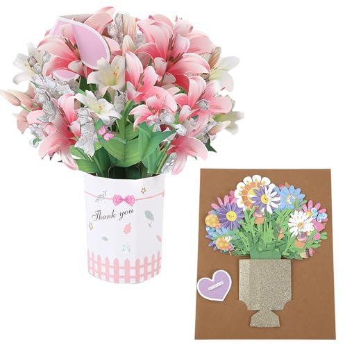 Biglietti Bouquet di Fiori Biglietti di Auguri con Fiori Pop-up 3D con Busta Biglietti di Auguri con Bouquet di Carta Pop-up per Compleanno Anniversario Biglietto di Ringraziamento (giglio)