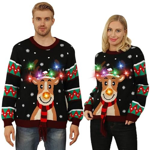 Kouric Pull de Noel Lumineux,Pull Moche de Noel Femme Homme,Unisexe Pulls de Noël Drole,Pull Noel Moche Couple Assortis,Pull Noel Famille Hiver Chaud Xmas Outwear Drole Renne Noir-L