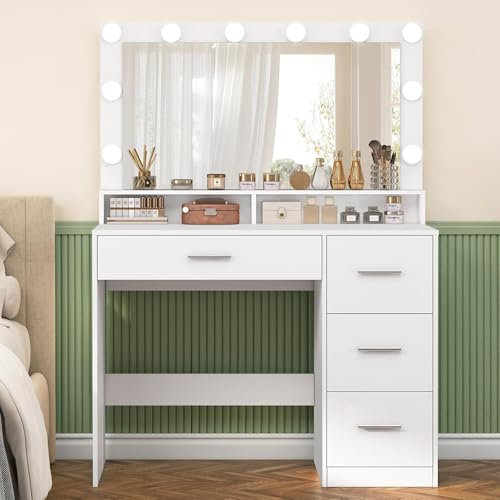 FIONESO Schminktisch mit großem Spiegel, Schminktisch mit LED-Leuchten, einstellbare Helligkeit, 4 Schubladen, moderner Stil, Kosmetiktisch für Mädchen, Frauen, Schlafzimmer, Weiß