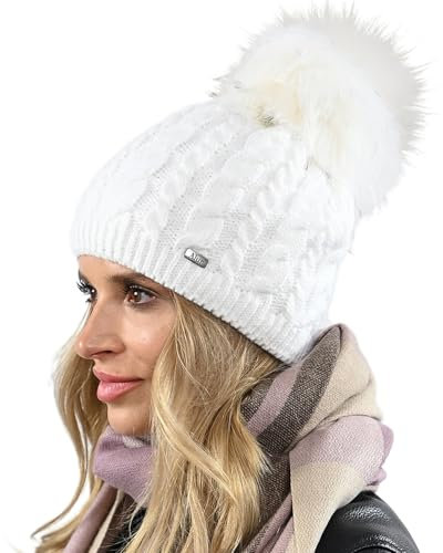 Alur Mütze Damen Beanie Wintermütze Strickmütze mit Bommel - Warme Elastisch Elegant Winter Mütze EKO Bommelmütze - Weiches Garn Stilvoll Universell Warm (Weiß)