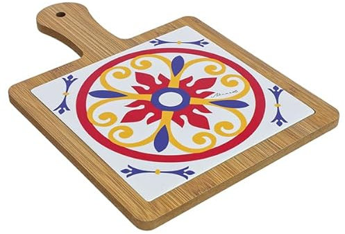 DLM-A349 Bomboniera utile Sottopentola Tagliere Quadrato in Legno e Ceramica decori maioliche cm 28x19 decorazioni artigianali con scatola Matrimonio Comunione Cresima Battesimo 18 Compleanno
