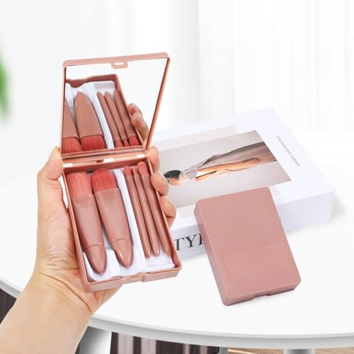 5 Stücke Reise Makeup Pinsel Set mit Spiegel, Mini Make up Pinsel Set Rosa Tragbare Kleinen Kosmetikpinsel Set Vollständige Funktion Einfach zu Handhabendes Kosmetische Pinsel Kit für Frauen Mädchen