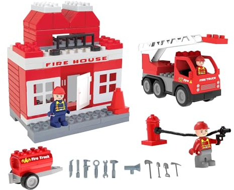 Bausteine und Fahrzeuge, Feuerwehr-Station, Große Klemmbausteine für kleine Kinderhände, Bunte Bauklötze aus Plastik, Spielzeug für Kinder