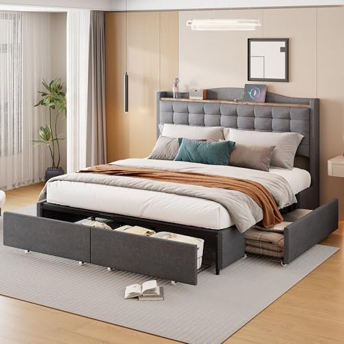 KUAKE Matrimoniale Contenitore 160x200 cm, Letto Imbottito con 4 Cassetti e USB Funzione, Letto con Stoccaggio, Bed Frame con Testata e Rete a Doghe, Linen, Senza Materasso (Grigio scuro)