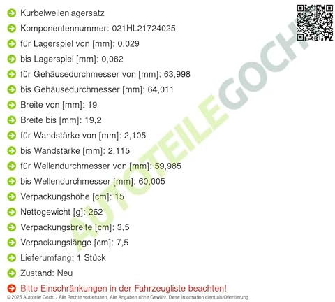 Crankshaft Bearing Set Compatible with Opel Movano B X62 Flatbed Renault Master III JV FV EV HV UV Nissan Interstar X62B 2010 -> from Autoteile Gocht