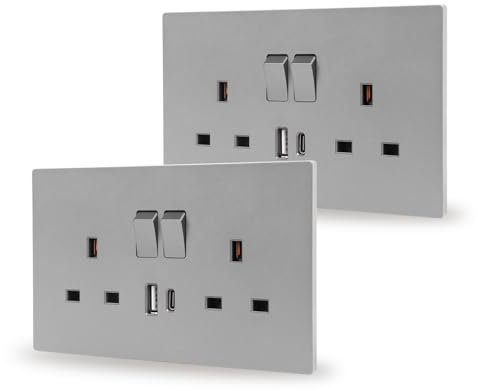 JIMEIDA 2 Pack Double Switched Socket Grey 13 Amp with USB-A And Type-C Charging Ports PC Panel Wall Outlet Power Socket