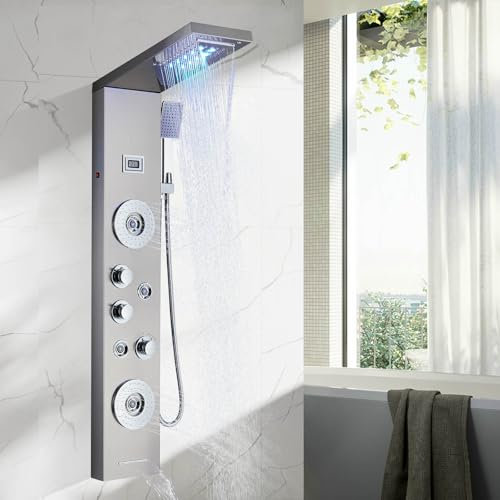 TTICCTIY Pannello doccia a torre con 5 funzioni, pannello doccia con cascata, soffione a pioggia e doccia portatile, sistema di pannelli doccia a parete in acciaio inox spazzolato