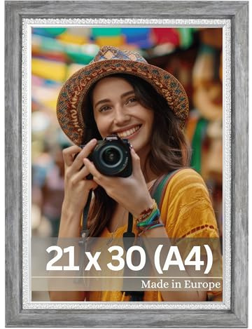 VictoR Bilderrahmen Boho grau 3er Set in 21x30 cm (A4) - Leiste: 30x16mm - Fotorahmen vintage Deko rustikal - Bilderrahmen Set grau 20x30 - Landhaus