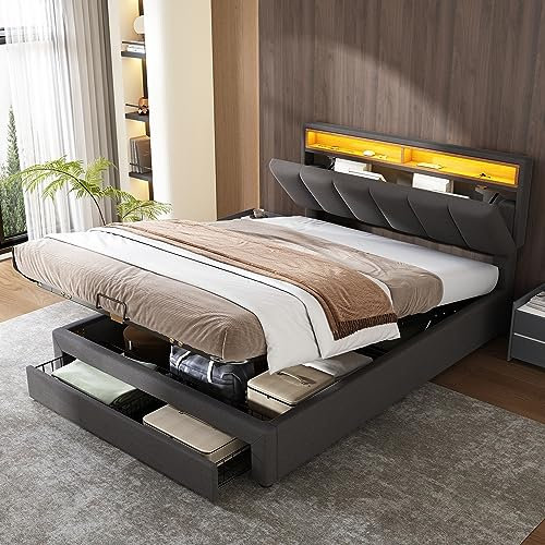 Upholstered Ottoman Storage Bed with Hydraulic Lever & Drawers, 4ft6 Double Bed Frame with LED Adjustable Concealed Storage Headboard, Gas Lift Up Functional Beds with Slats, Linen, No Mattress, Grey
