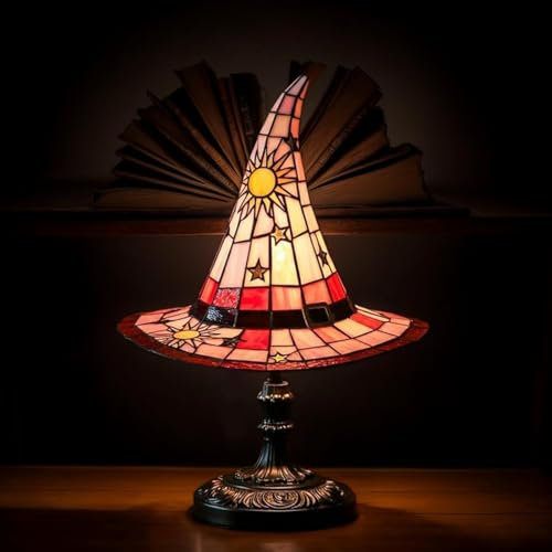 VIMAZ Witch Hat Lamps Stained Glass, Handmade Witch Hat Lights, 2025 New Bedroom Decoration Retro Resin Lamp, for Indoor Party Haunted Mansion Decoration of Halloween Decor (Red)