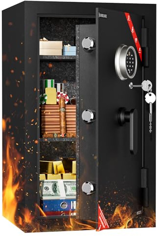 KABISAFE Feuersicherer Tresor 111,7L, Schwarzer Wellenstahl-Safe mit 2 Herausnehmbaren Einlegeböden, Fingerabdruck (20 Nutzer), Digitalem Zahlencode, Notschlüssel für Bargeld, Schmuck, Dokumente