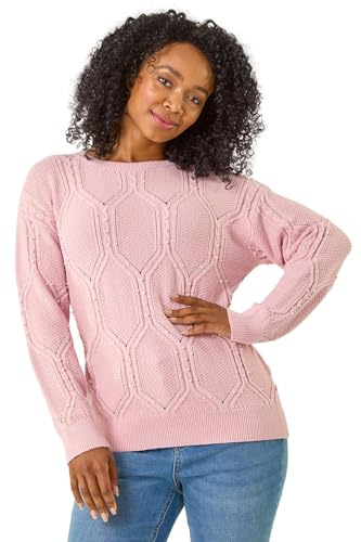 Roman Petite Faux Pearl Knit Jumper for Women UK - Ladies Everyday Autumn Winter Round Neckline Comfy Soft Evening Vacation Work Party Night Out - Petite Pink - Size 12