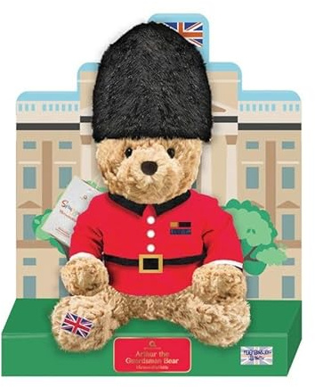 B4E British Plush Comfort Set, Royal Guard Bear and London Bus Design, Microwavable Tourmaline Lavender Aromatherapy Heating Pad, Soft Polyester (Arthur The Guardsman)