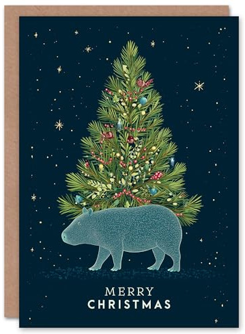 Artery8 Christmas Card Capybara and Colourful Decorated Christmas Tree