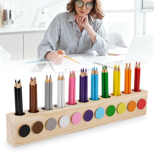 Buntstifthalter aus Holz, 11 Fächer stiftehalter schreibtisch Holz, Buntstifthalter aus Massivholz, Schreibtisch Organizer, Stifte Organizer für Schule Büro Zuhause Schulbedarf, 40,8x4,8x7,1cm