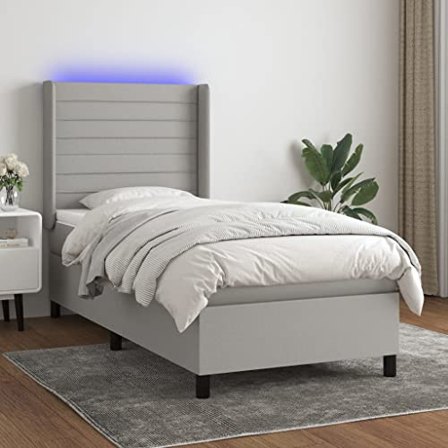 Frdhee Polsterbett Schrankbett,Boxspringbett mit Matratze & LED Hellgrau 100x200 cm Stoff,Polsterbett für Schlafzimmer,Stabil & Platzsparend