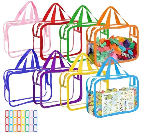 VEGCOO 8 Pcs Toy Storage Bags, Extra Large Clear Toy Storage Bags 35x24x18cm, Zipper Toy Organiser Bags PVC with Blank Label for Building Blocks, Puzzles