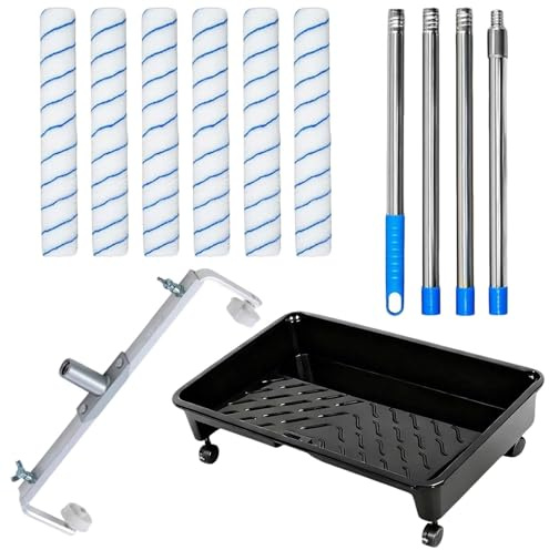 W&H 45CM Farbroller-Set, 9PCS Malerset-6 Farbrolle | Groß Farbwanne mit Rädern, Verstellbarem Rahmen 30-50CM, Teleskopstange 43-163CM, Heimwerkerarbeiten an Wänden und Decken