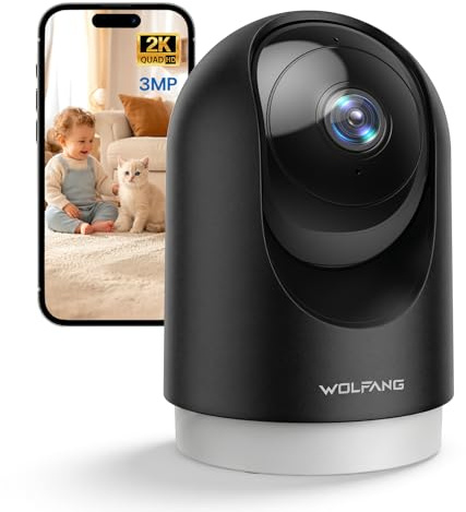 WOLFANG 2K Indoor Camera, Pet Camera with Motion Detection, Wi-Fi CCTV Home Security Camera with Night Vision, Works with Alexa/Google, No Monthly Fee