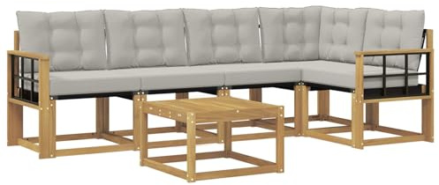 vidaXL Outdoor-Sofagarnitur mit Kissen 6 pcs Weiß und Hellgrau, Akazien Outdoor Sofa Set, modische Möbel für Terrasse, wetterfester Couch, entspannende Sitzgruppe im Garten