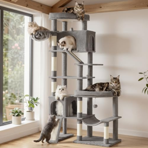 Feandrea Kratzbaum groß, Katzenbaum XXL, 6 Sisalstämme und Plüsch, 2 Kratzbretter, 6 Ruhebereiche, 105 x 45 x 202 cm, Hellgrau, für Große Katzen, Clawfy Kollektion PCT020G101
