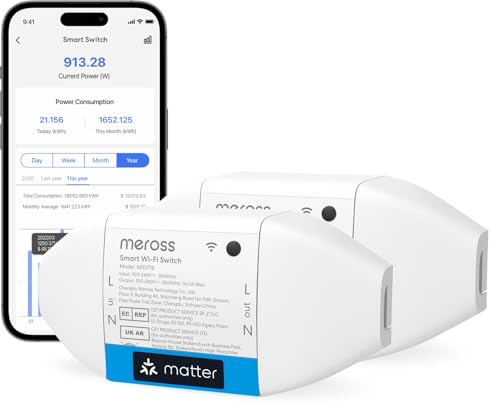 Meross WLAN Schalter, Matter, Smart Home DIY Schalter, mit Home Assistant | 16A WLAN Schalter mit Stromverbrauch, Zeitschaltuhr, funktioniert mit Alexa und Google Home, Matter Simple Setup (MSS)