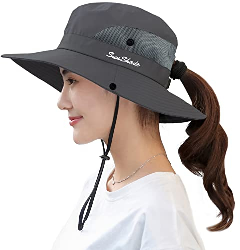 Muryobao Women's Sun Hat Outdoor UV Protection Foldable Mesh Bucket Hat Wide Brim Summer Beach Fishing Cap Pure Grey