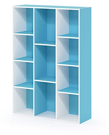 Furinno Luder 11-Cube Wende-Bücherregal mit offenem Regal, Weiß/Hellblau
