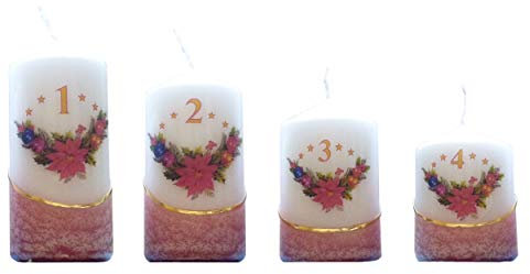 Meissner-Handel Auswahl - Weihnachtskerze/Adventskerze/Adventskalender - 4 Kerzen - farbig getaucht, rot - jeden Advent EIN Stückchen abbrennen - Auswahl Motiv