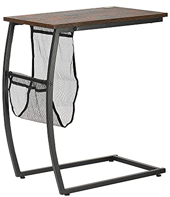HOMCOM Mesa Auxiliar para Sofá y Cama Mesita Auxiliar Pequeña en Forma de C con Bolsillo de Almacenaje Estilo Industrial para Salón 53x35x64,5 cm Marrón Rústico