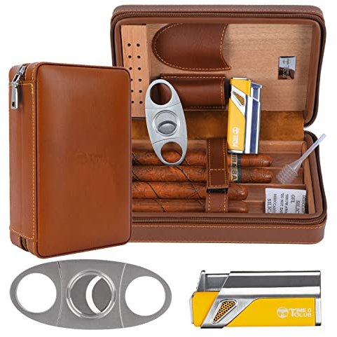 Estuche Portátil de Viaje para 4 Puros,Encendedor, Cortapuros, Humidificador dePuros con Cortapuros y Humidificador, Regalo para Novios, Regalode Cumpleaños