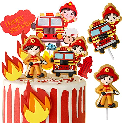 MEZHEN Feuerwehrmann Tortendeko Geburtstag Kuchen Deko Figuren Feuerwehrauto Cake Topper Happy Birthday Kindergeburtstag Torte Deko Geburtstagsdeko Kuchendeko Feuerwehrmann Geburtstagsparty B